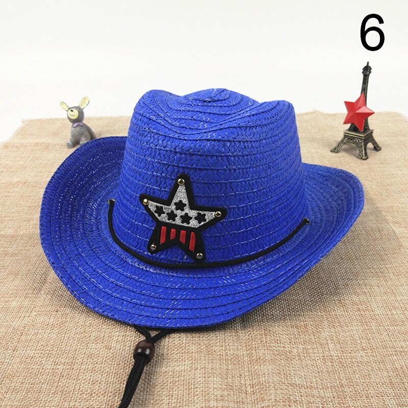 Børns cowboyhat sommer stråhat drenge og piger fem-spids stjerne patch solhat søde børns strand visir hat: 6