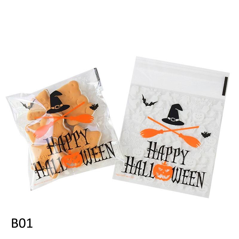 10*10cm läpinäkyvää muovia karkkipussi halloween herkkupussi keksi keksit pakkaus halloween syntymäpäiväjuhlien sisustustarvikkeet: B01 hyvää halloweenia / 100 kpl