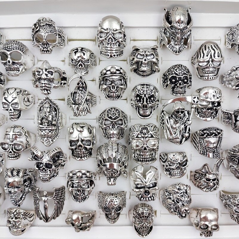 30 stuks/batch van gothic punk grote schedel ring vrouwen mannen sport fiets retro antiek zilver religieuze verklaring sieraden;: silvery / 30 Pcs