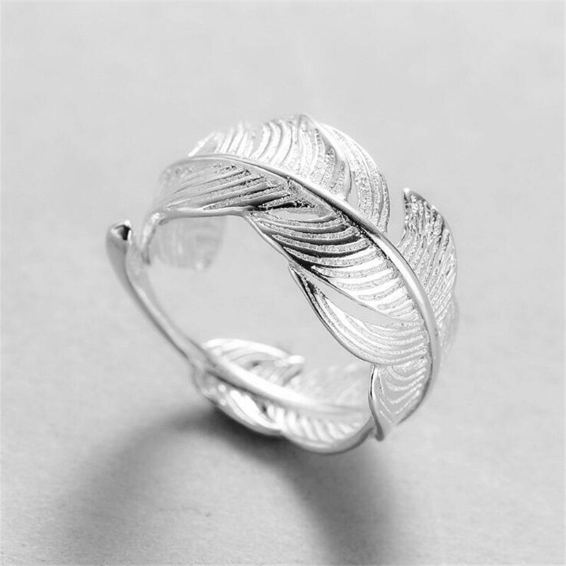 Persönlichkeit retro Silber Überzogene Blatt Liebe Umarmung Ringe Für Frauen Schmuck Neue Kreative Offenen Ring Anillos Einstellbar: groß Feder