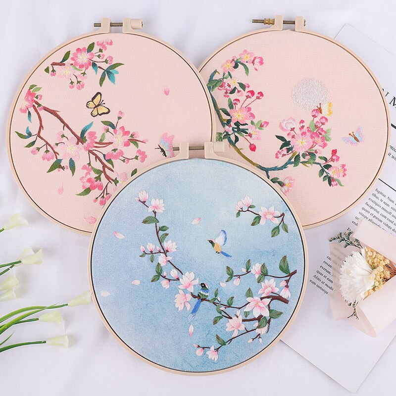 Chinese Flower Pattern Printed DIY Embroidery Kit with Hoop Handmade Needlework Cross Stitch Painting Sewing Craft Home Decor