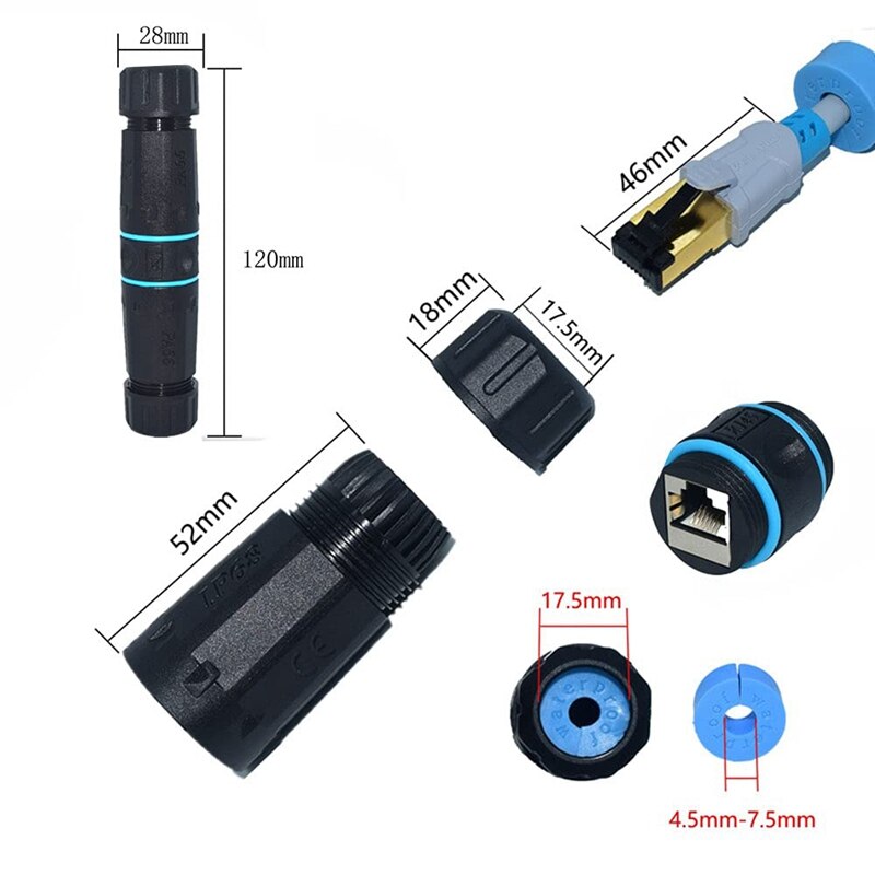 5 Pcs RJ45 Connectors IP68 Waterproof Shielded (STP) Cat6 Ethernet LAN Cable Connector