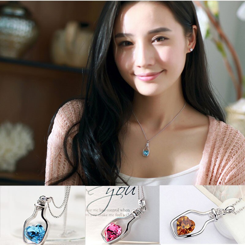 Ladies Popular Crystal Necklace Heart Love Chain Necklaces & Pendants For Women Love Drift Bottles Necklace 21