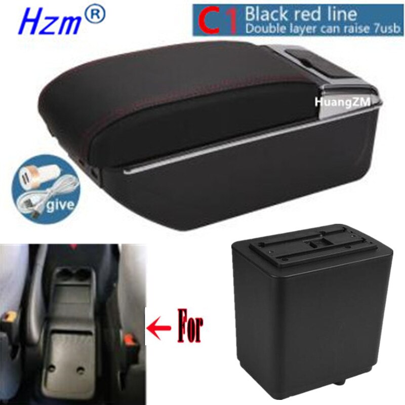 For Citroen Berlingo Armrest Retrofit parts For Peugeot Partner tepee Car Armrest Storage box car accessories Charging USB LED: C1 style red line
