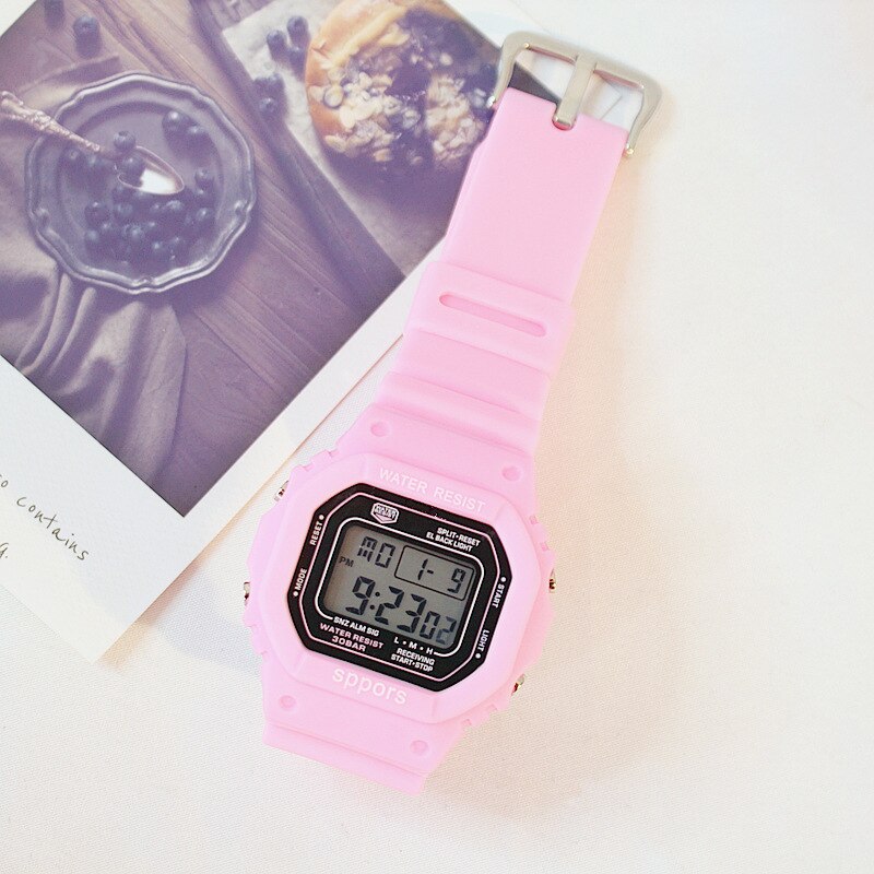 Women watches sport girl simple LED children student leisure silicone waterproof couple square lady quartz wristwatches: Pink