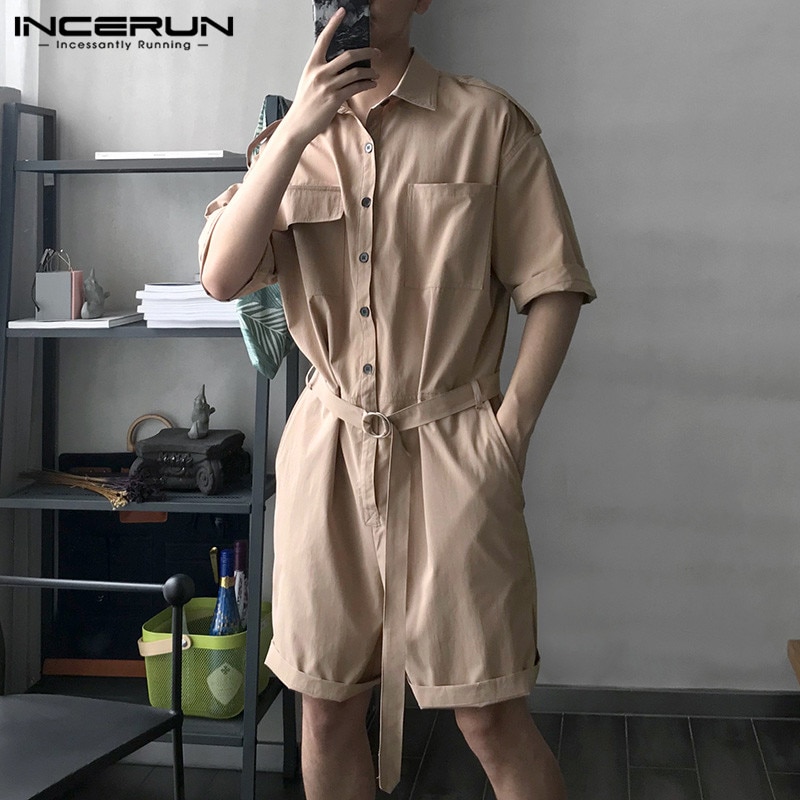 INCERUN Streetwear Männer Gesamt-spielanzug Gürtel Taschen Halbes Feste Hosen Männer Lässig Gesamt Overall Harajuku