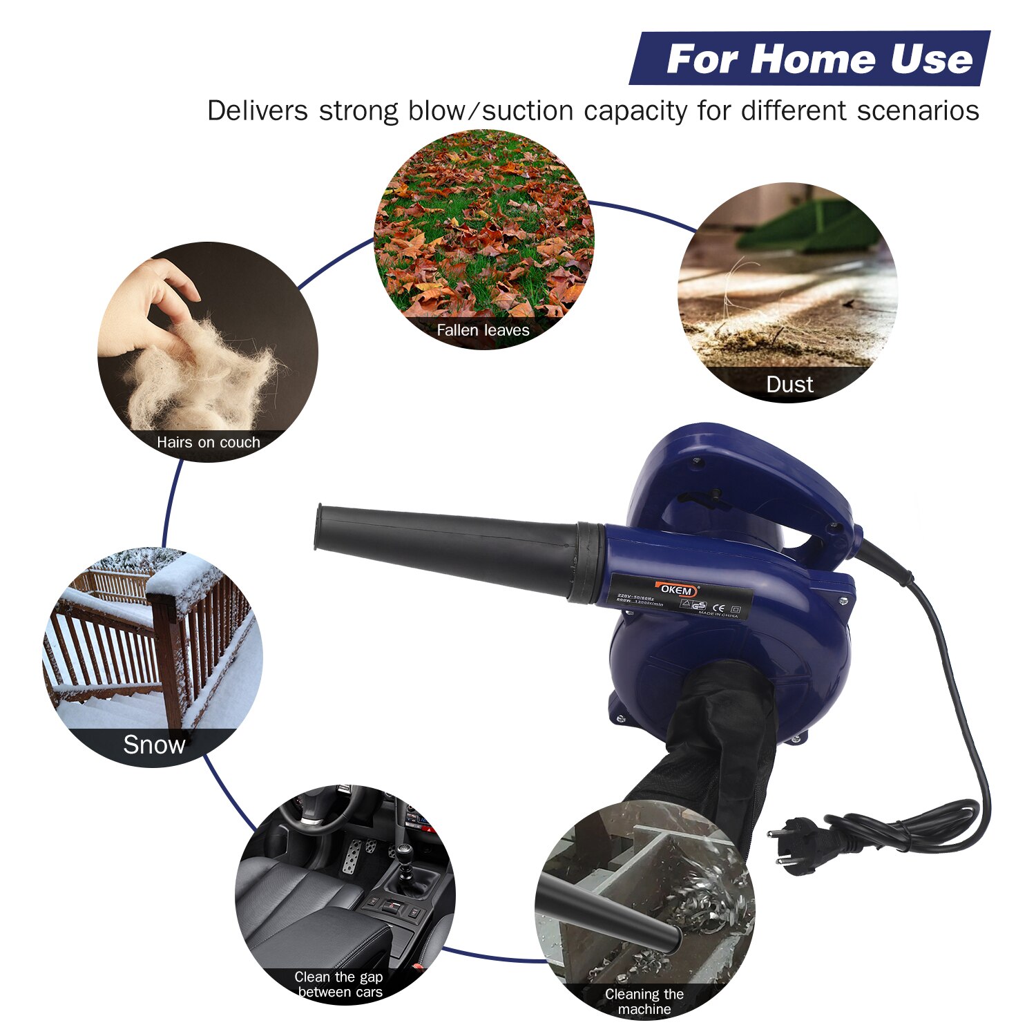 Soplador eléctrico de hojas con cable, 600W, 3 en 1, aspiradora potente para inflables con bolsa de recolección de polvo y boquilla cónica