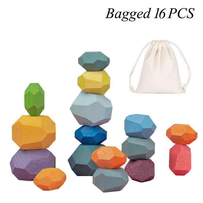 Kinderen Houten Kleurrijke Steen Jenga Bouwsteen Educatief Speelgoed Nordic Stijl Regenboog Stapelen Spel Houten Speelgoed: I-Bagged 16pcs