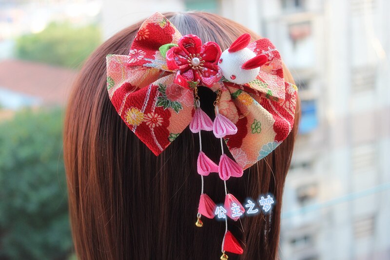 Épingle à cheveux en forme de grand nœud, lapin mignon, Vintage, Style japonais, Kanzashi, pince de tête, Sakura, Kimono, accessoire pour cheveux fait à la main, Tsumami, zaiku, amour