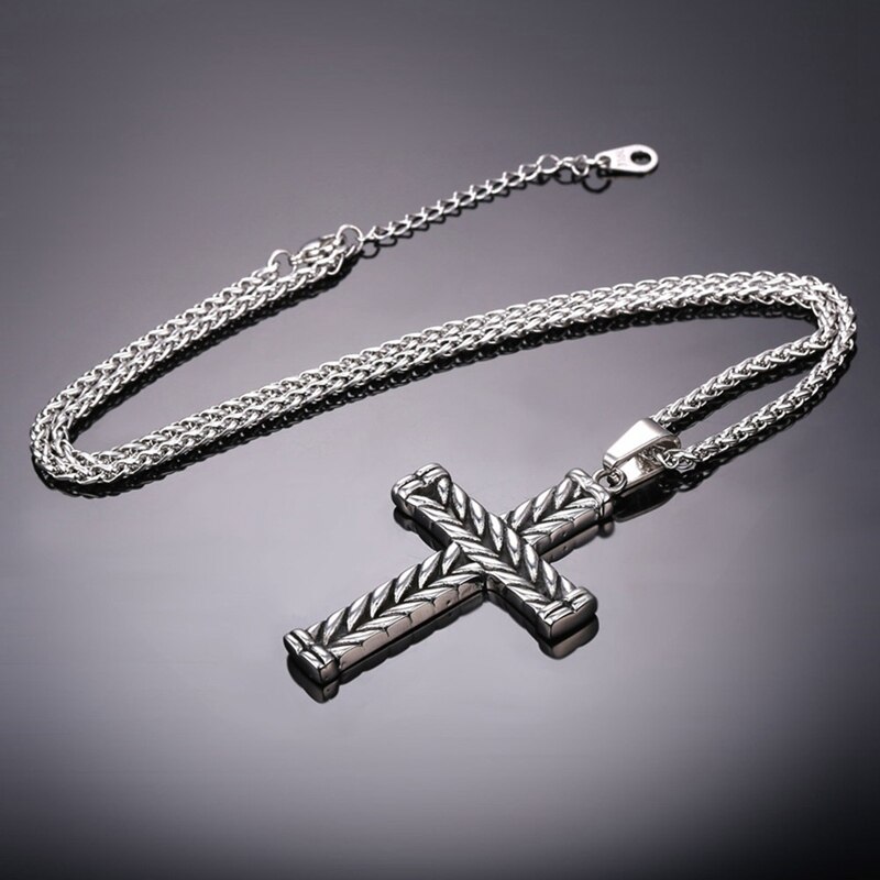 Mode Kruis Ketting Mannen Vintage dubbelzijdig Gestreepte Cross Hanger Met Ketting Hiphop Rock Ketting Sieraden