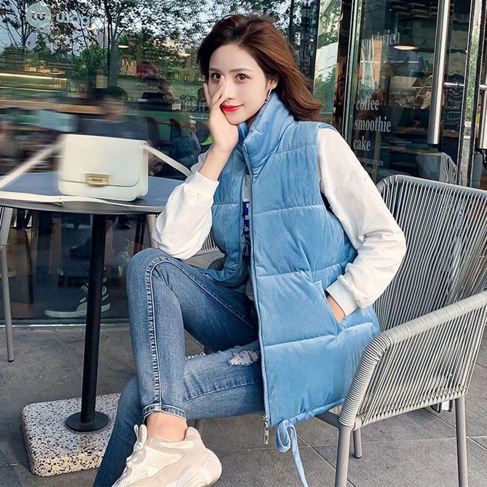 Pinkyisblack ärmlös dam väst jacka vinter kort sammet dunväst kvinnlig stativ krage väst dam vindtät varm väst