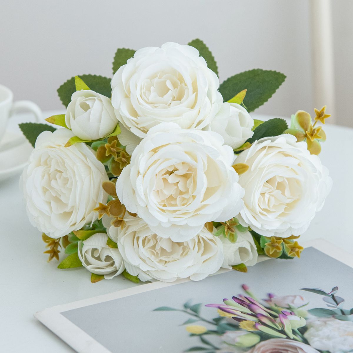 Konstgjord blomma växt pion gör-det-själv jul hem festival fest utomhus trädgård bågdekor bröllop brudbukett: Vit