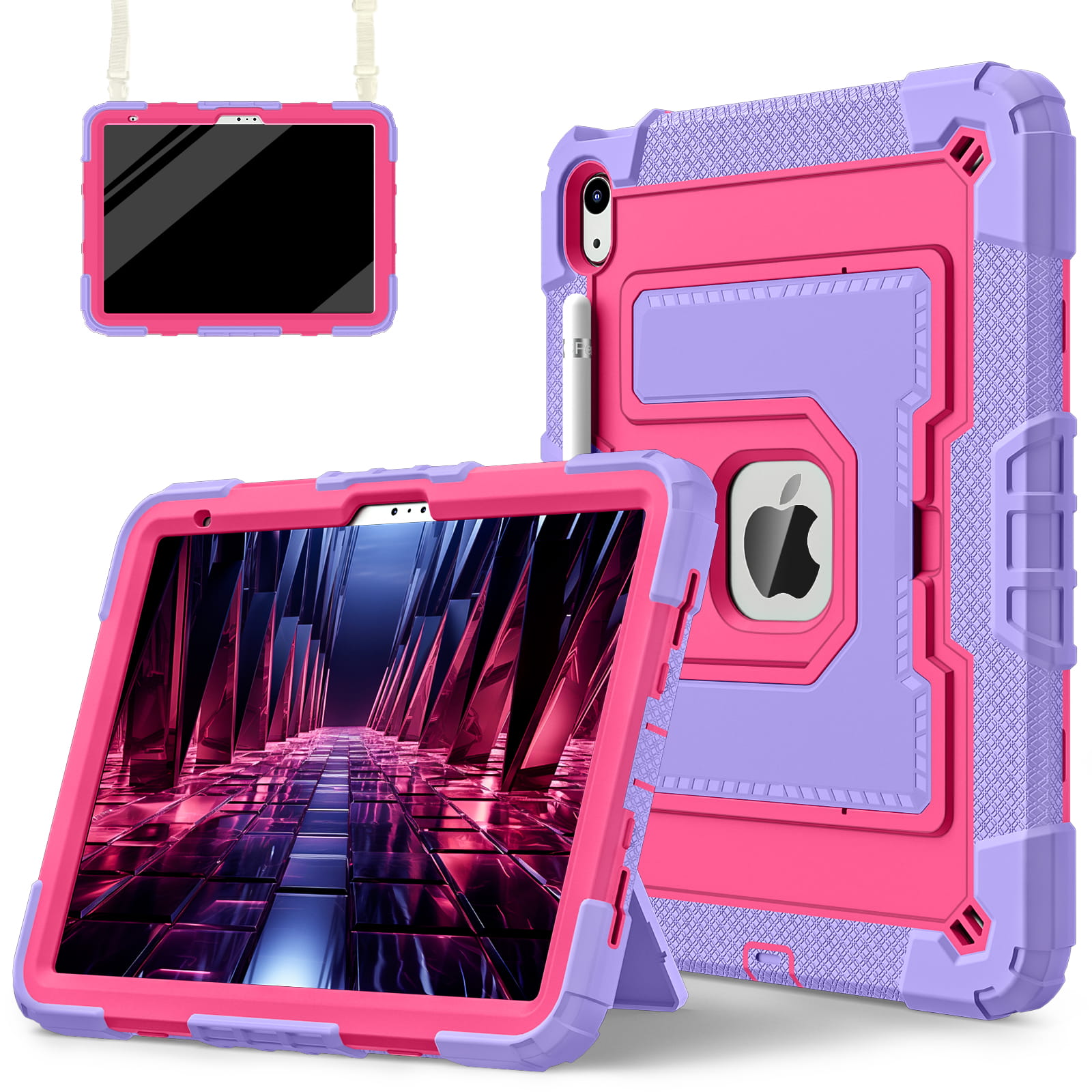 Funda para iPad 10th/A16 2025 de 11 pulgadas con funda para bolígrafo y correa para el hombro - Funda de silicona segura a prueba de golpes para tableta con función de soporte para niños: iPad (A16) de 11 pulgadas / Morado