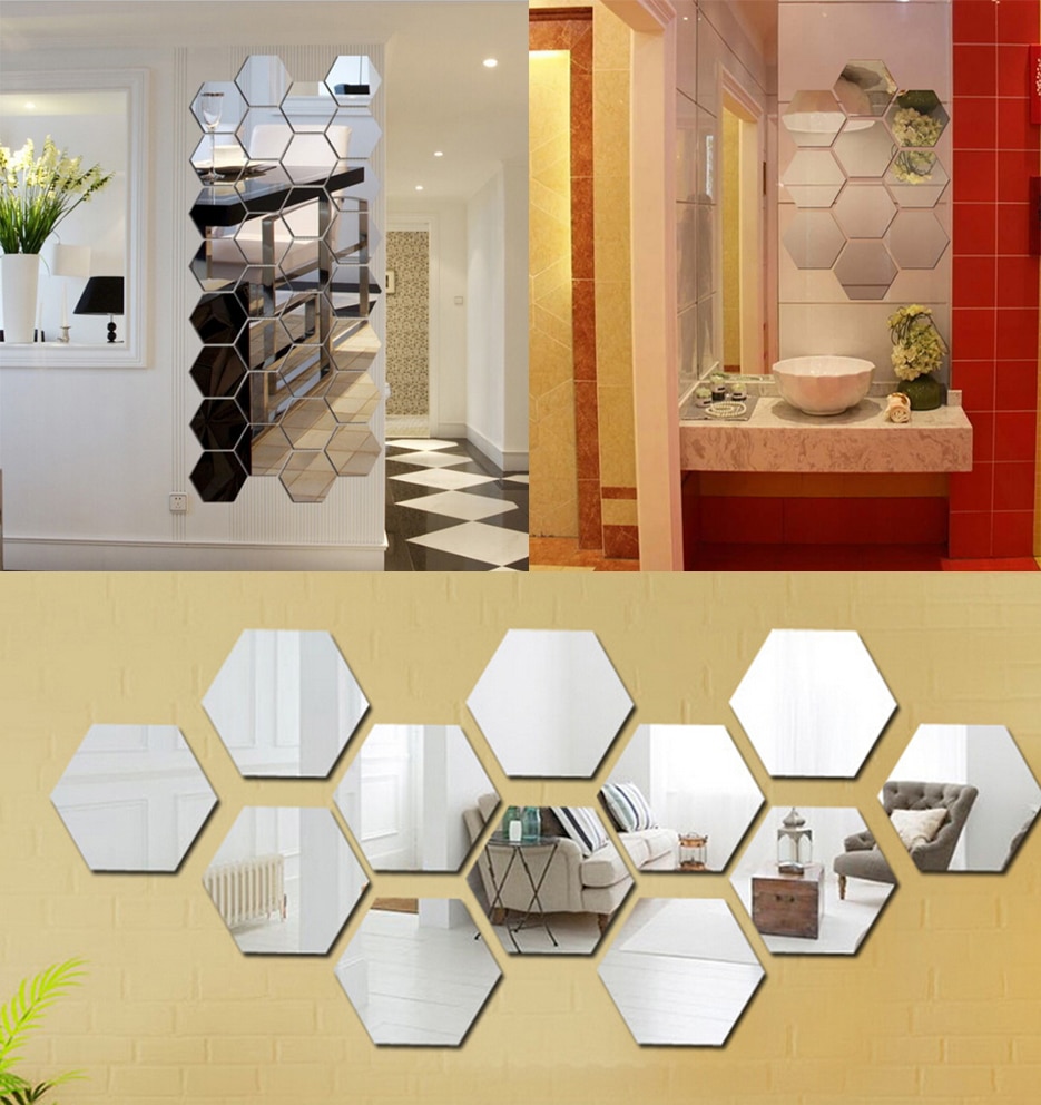 12 stuks/partij 3d spiegel muurstickers hexagon diy huisdecoratie spiegel decoratie stickers kunst muurdecoratie stickers goud zilver
