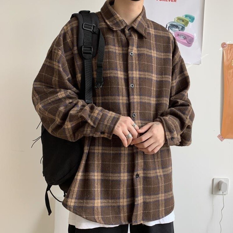 Korean Clothes Retro Thick Woolen Plaid Shirt Cotton Long Sleeve Turn-down Collar Brown Casual Loose Harajuku Couple Clothing: XL
