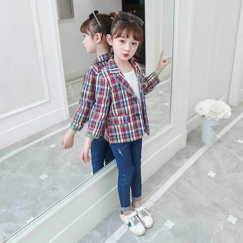 Spring Kids Clothes Girls Suit Jacket Kids Girls Color Grid Suit Kids Outerwear Clothing Children Girls Coat