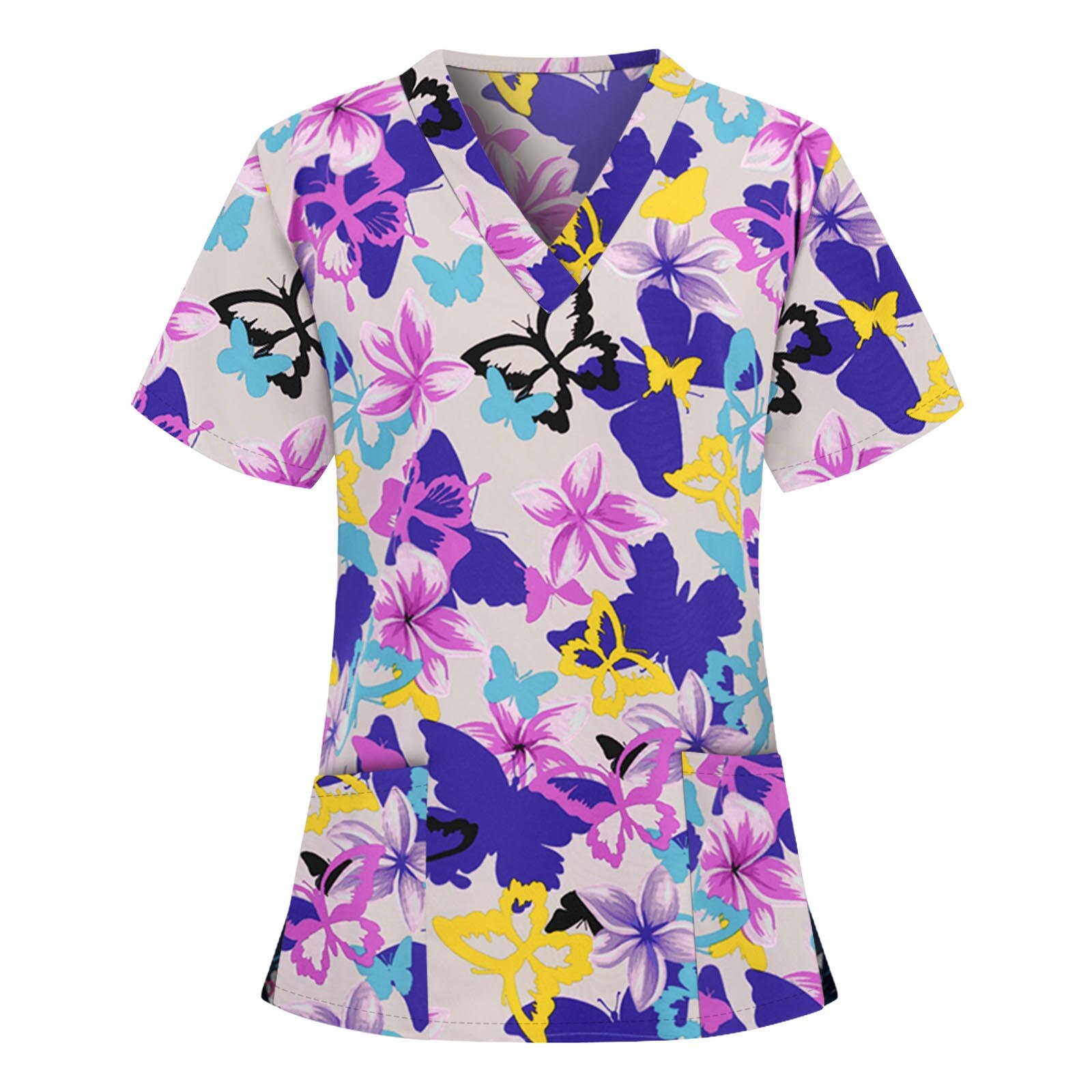 Summer Women T Shirt Heart Print Nursing Scrubs Tops V-Neck Short Sleeve Work Uniforms Health Services Clothes: WH / XXL