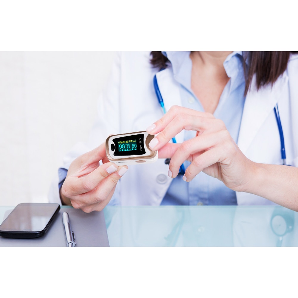 Fingerspids puls oximeter finger de pulso dedo hjemme puls oxymeter pulsioximetro med engelsk og portugisisk sprog oled