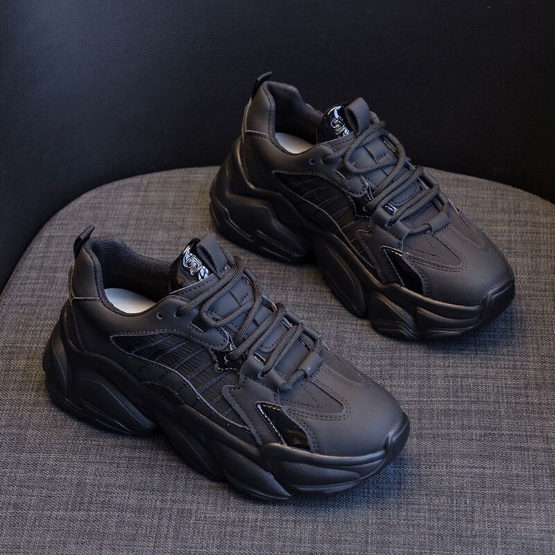 Hardloopschoenen platform sneakers dames gevulkaniseerde schoen chunky zwart grijs casuals ademend veterschoenen goede schoenen: Zwart / 40