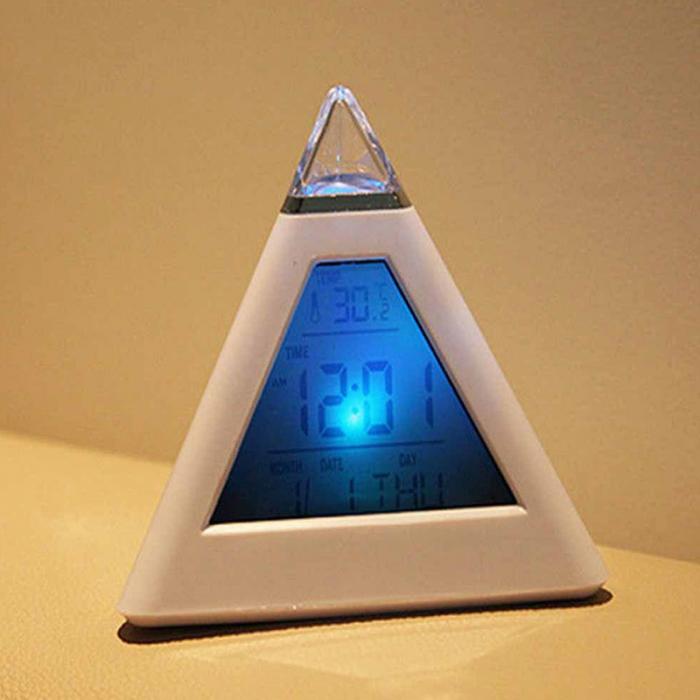 Digital LED Alarm Clock 7 Colors Changing Night Light Time Temperature Display Pyramid Shape Desk Clock