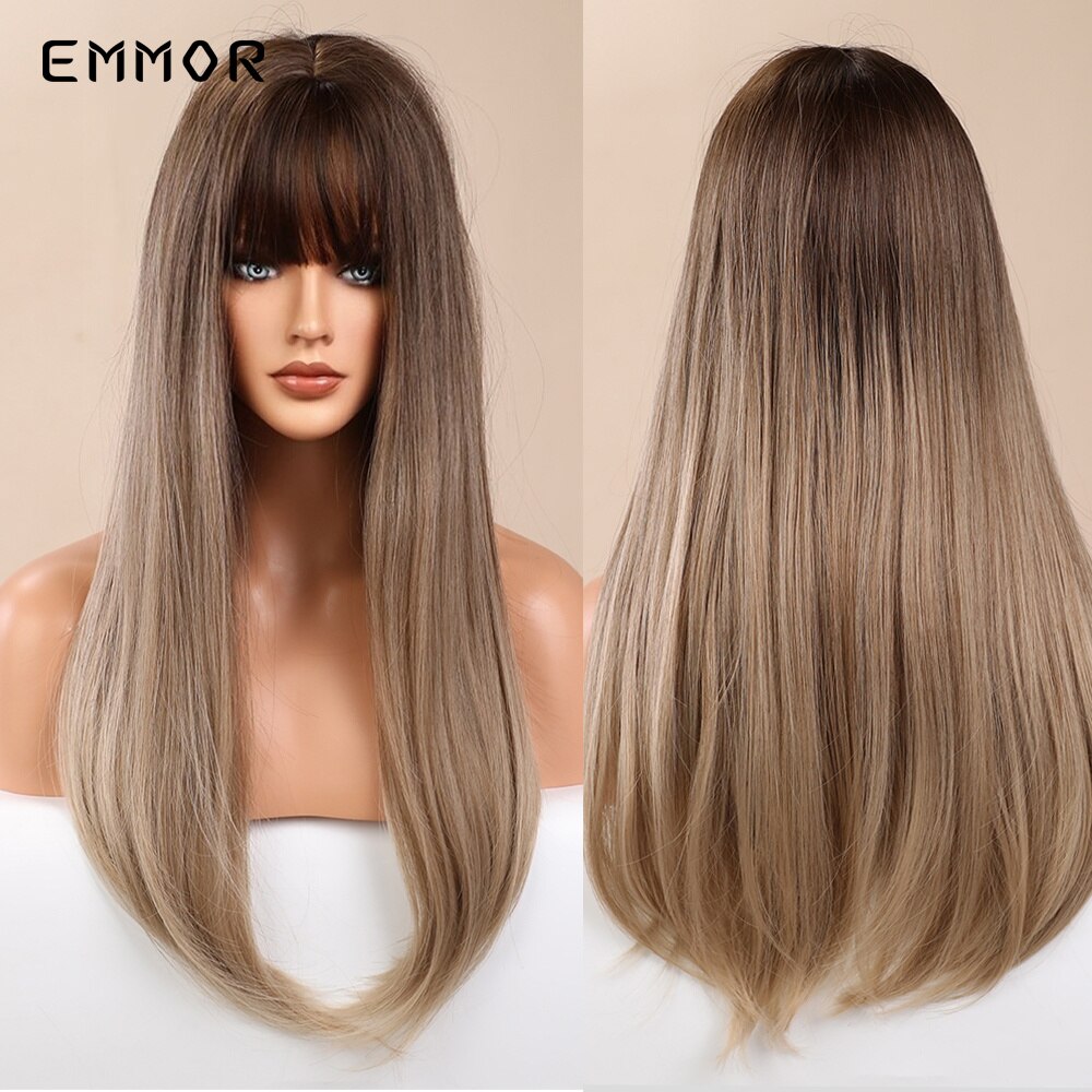 Emmor Synthetic Black Root Ombre Light Golden Blonde Straight Hair Wigs with Bangs High Temperature Cosplay Daily Wig for Women: EM169-1