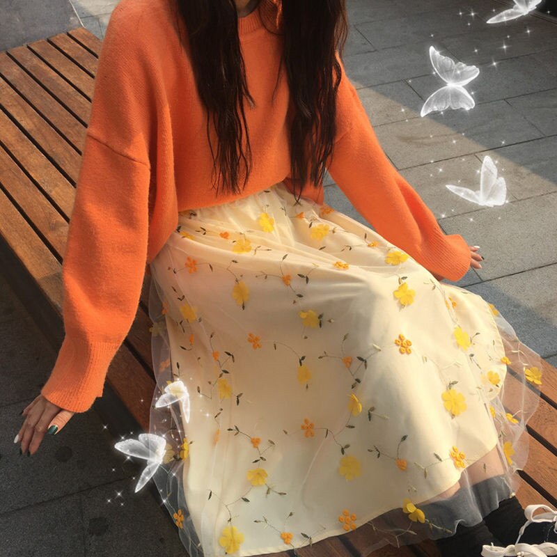 Gul 3d blomster blonder skrit kvinder høj talje mesh lang skrit kvinde midi tyl nederdel sød sød studerende skole wear saia