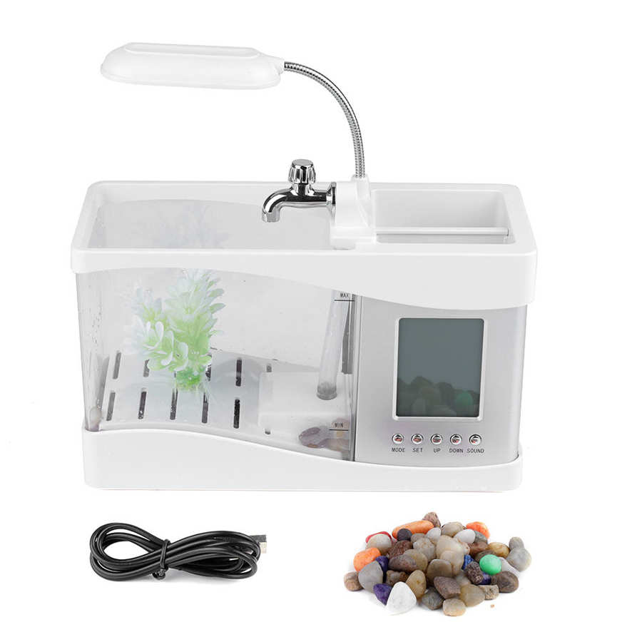 Mini Aquarium de bureau avec écran LCD et horloge, Mini USB, réservoir de poissons, Beta, décoration avec galets: White