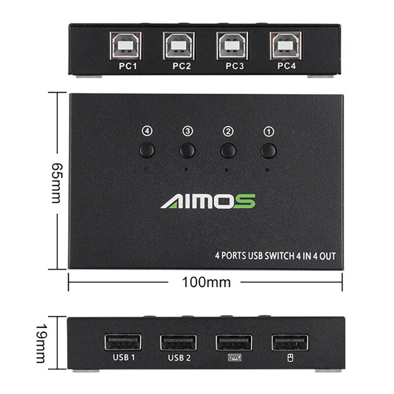 AIMOS-Dispositivo de intercambio de impresora USB interruptor KVM de 4 en 4 salidas para 4 ordenadores para compartir un conjunto de teclado y ratón convertidor USB 2,0