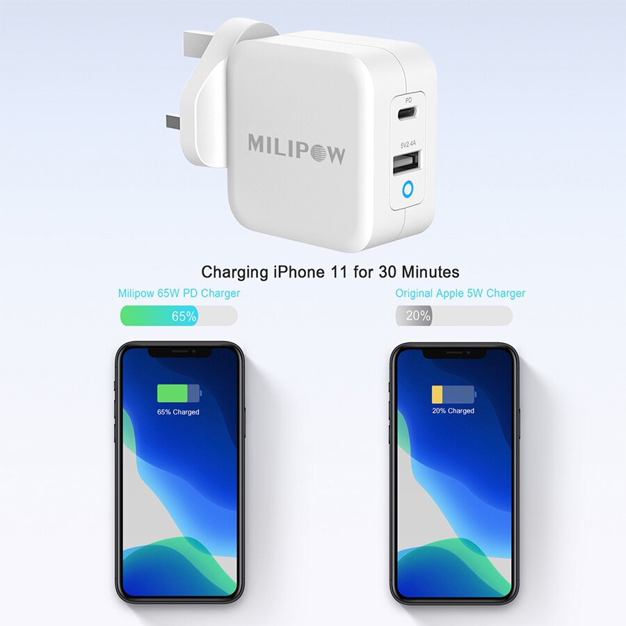 Dual Port Charger With USB-A PD 65W GaN charger Fast Charging For Apple MacBook Pro/Air,iPad Pro,iPhone 11 /Pro Max,Switch