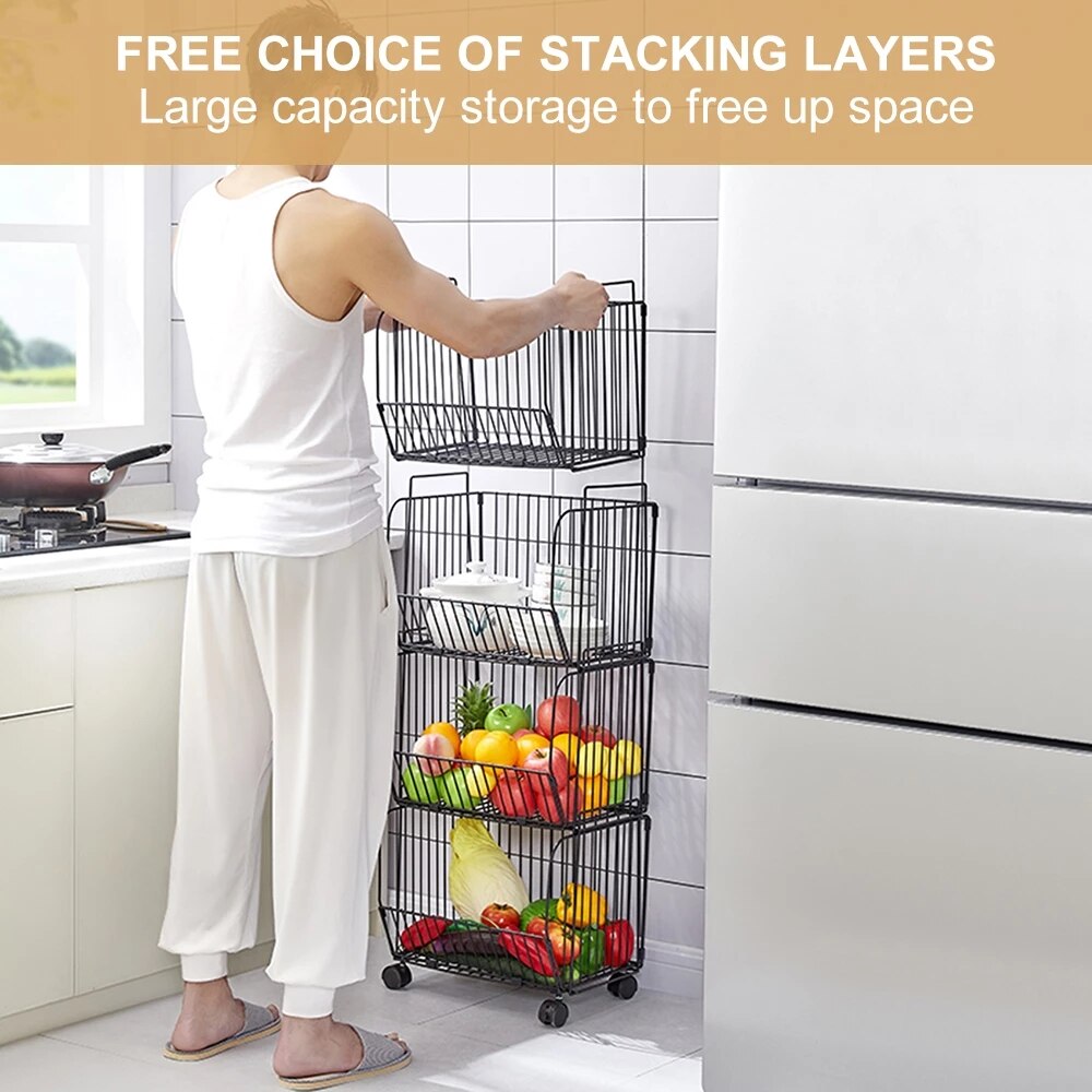 4 Tier Stackable Collapsible Kitchen Storage Baskets with Casters TrolleyRack Shelf Rolling Storage Bins for Kitchen Bathroom