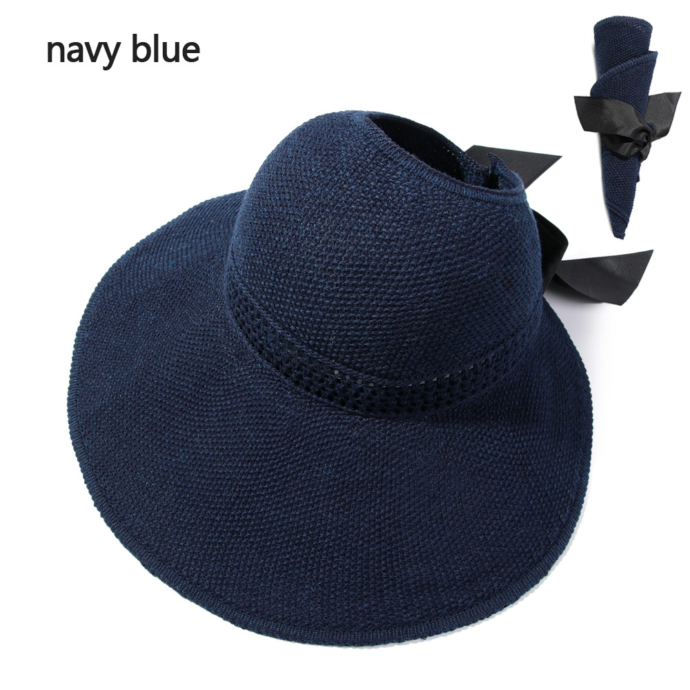 Cappello da spiaggia pieghevole portatile 2021 nuovo cappello da sole a tesa larga Bowknot visiera Casual estiva con cappuccio in paglia per cappello da donna con secchiello: navy blue(62cm)
