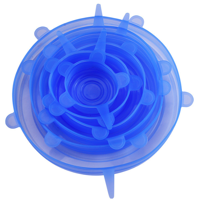 Cubierta de conservación de silicona de grado alimenticio, tapas redondas elásticas universales para platos, reutilizables, herméticas, para accesorios de cocina, 6 uds.: Azul
