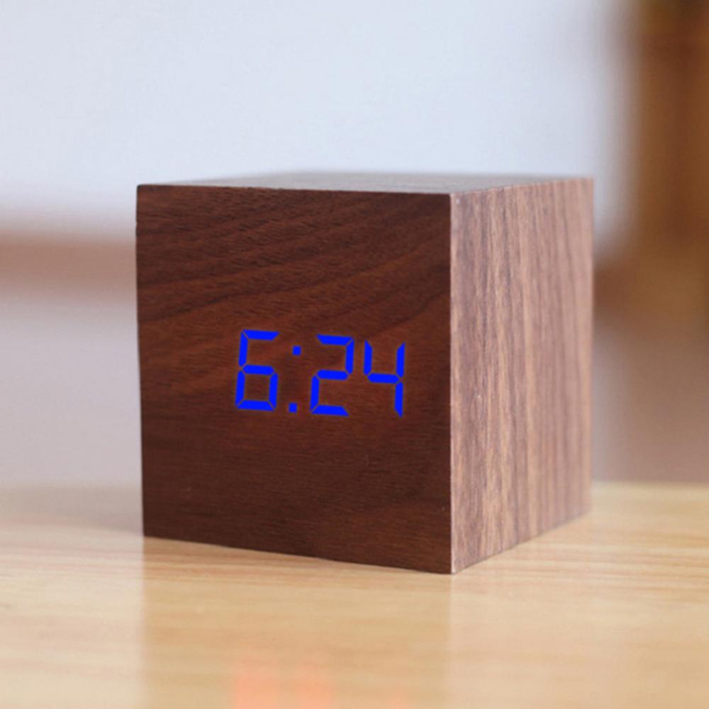 Alarm Digital LED Clock Wooden Square Despertador USB Electronic Desktop Clocks Voice Control Clocks Home Decoration