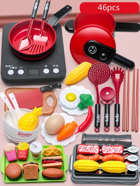 Children's Play House Toys Simulation Kitchen Girl Cooking Fruit Cutie Realistic Vocal Real Experience Cooking Toy Set: 46pcs