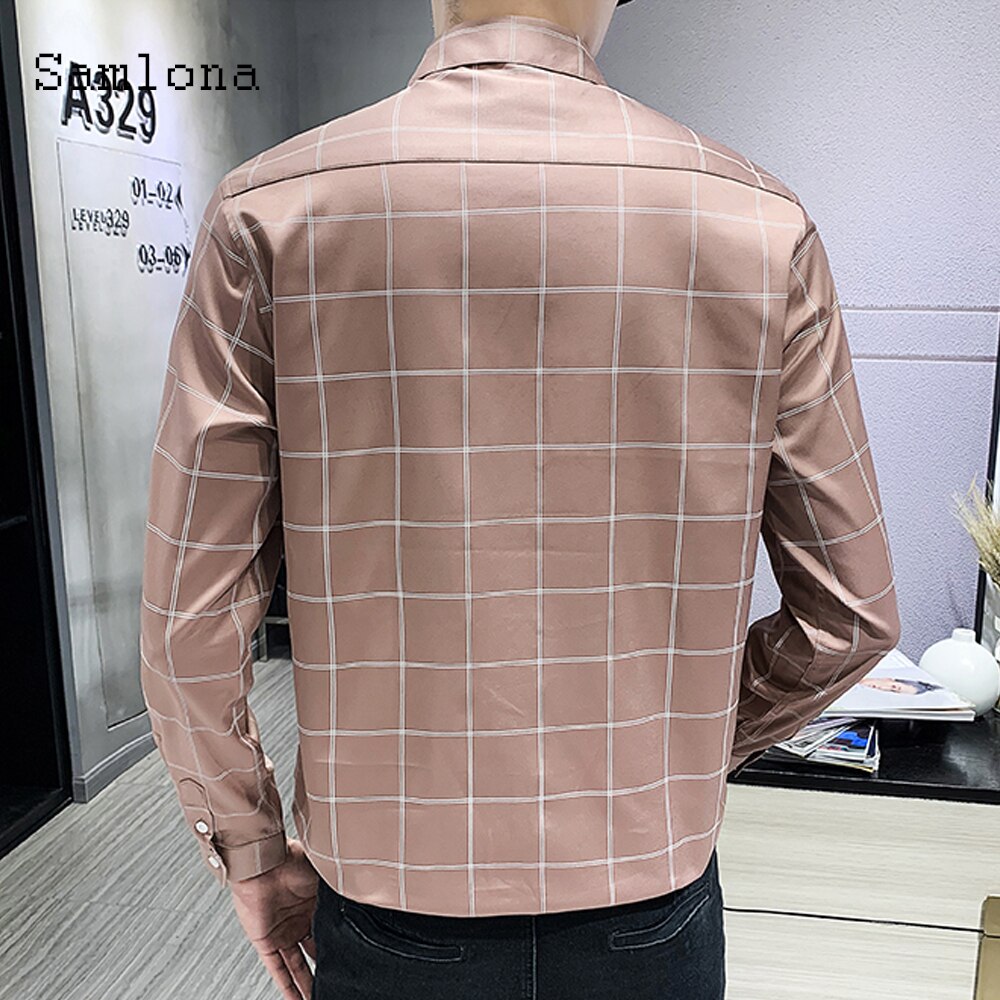 Samlona fritidsskjorte menn sommer rutete skjorter lange armer topper bluse koreansk stil menn single breasted skjorte herre klær