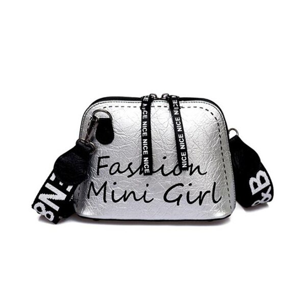 Trendy pu leather Women Crossbody Bag Shell shaped Bag Wide Shoulder Strap Bags Wild Messenger Bags Letter printing: Sliver