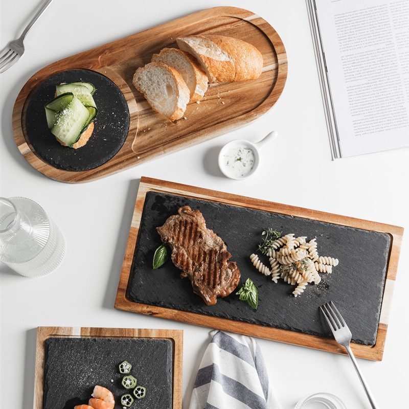 Plato de aperitivo de madera maciza, bandeja de madera para Pizza, plato de pan de pizarra negra, plato de madera para carne de repostería, plato de comida japonesa