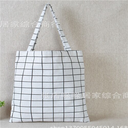 Novo algodão feminino linho reutilizável eco sacola de compras bolsa de ombro bolsa tote sacos de duffel moda xadrez bolsa de ombro meninas tote: WHITE