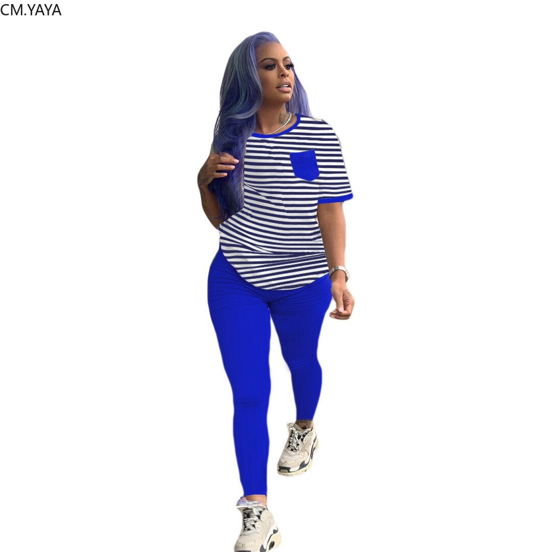 Cm.yaya sport kvinner & #39 ;s sett stripete lange armer t-skjorter legging bukser kjole aktive slitasje treningsdress todelt sett fitnessantrekk