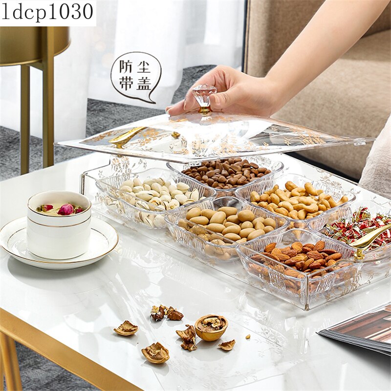 Caja transparente de frutos secos dorados para fruta, bandeja creativa europea para aperitivos, semillas de melón, plato de acrílico empaquetado con azúcar