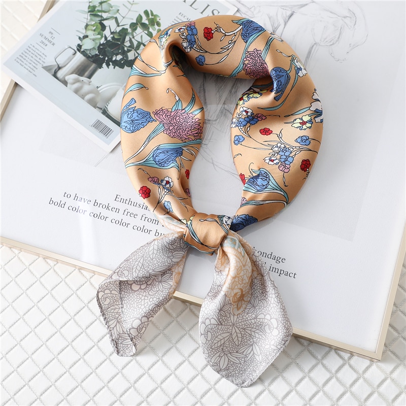 Skjerf til damer silke firkantet hode pakke inn hals hals skjerf kvinner foulard sjal lommetørkle blomstertrykk bandana