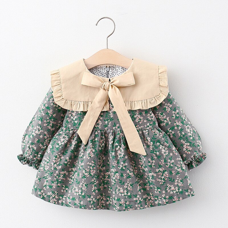 Höst bebis flickor puffärm klänning slagkrage rosett söt vintage kläder prinsessa blommiga vestidos outfits för fest: Grön / 110cm