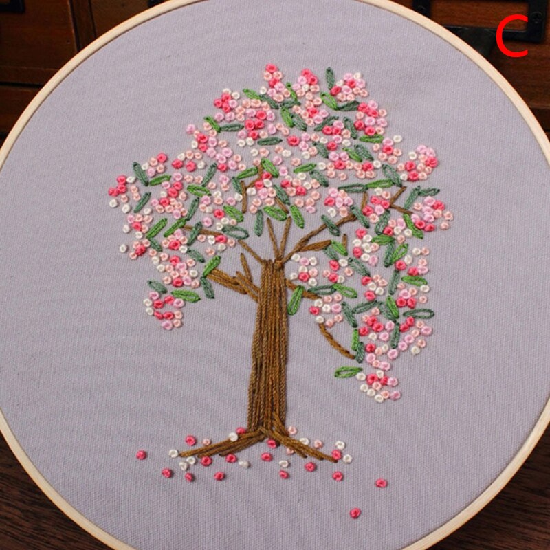 DIY Embroidery Plants Cherry Tree Handwork Needlework for Beginner Cross Stitch Kit Ribbon Painting Embroidery Hoop Home Decor