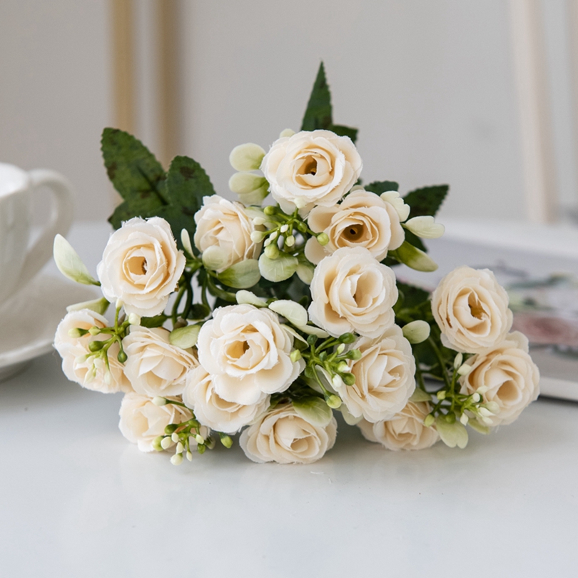 5 fork 15Head Silk Rose For Wedding arch Christmas Wreath Decoration Home Living Room bonsai Photography prop Artificial Flowers: WHITE