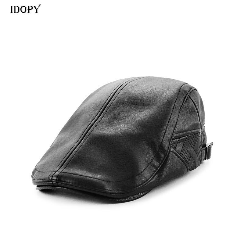Idopy heren Faux Leather Krantenverkoper Caps Zwarte Klassieke Verstelbare 56-60cm PU Ivy Ierse Baretten Voor Mannelijke