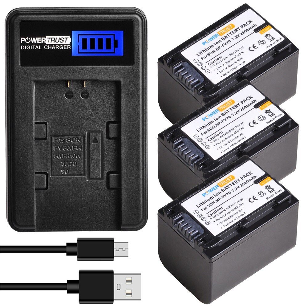 Cargador de batería de NP-FV70 para videocámara Sony FDR-AX53 AX700 AX33/B, HDR-CX455/B, CX675/B, CX900, PJ340, PJ540, PJ670/B, PJ810, Handycam: 3 Pack kit