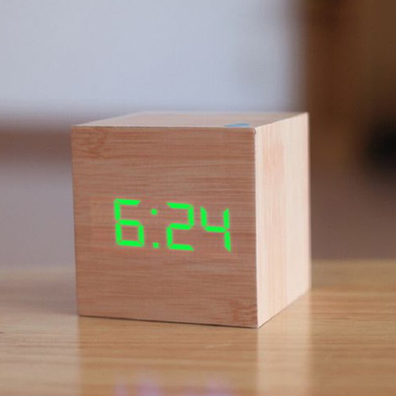 1PC Modern Wooden Cube USB Voice Digital Alarm Clock Digital Alarm LED Display Despertador Luminous Control Clock: 10