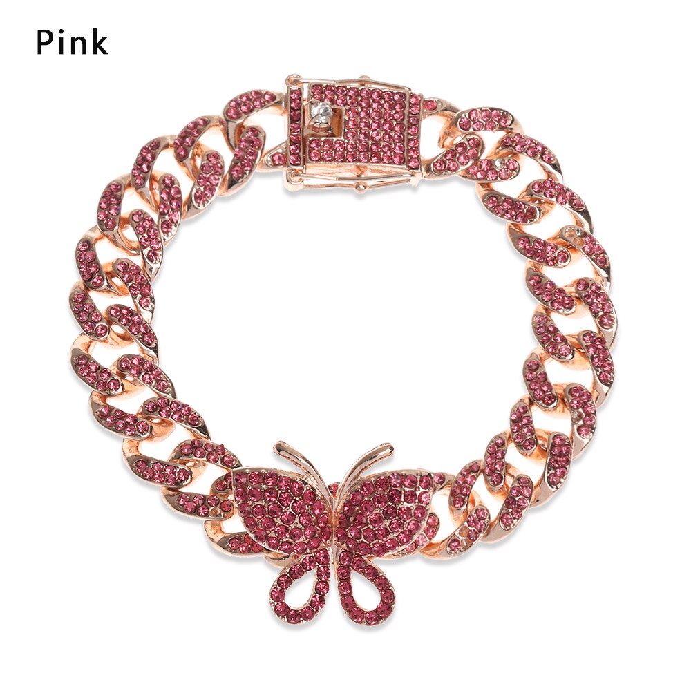 1 Pc Zirkoon Vlinder Enkelband Bling Strass Cubaanse Link Chain Enkelbanden Voor Vrouwen Brede Voet Armbanden Boho Strand Sieraden: pink