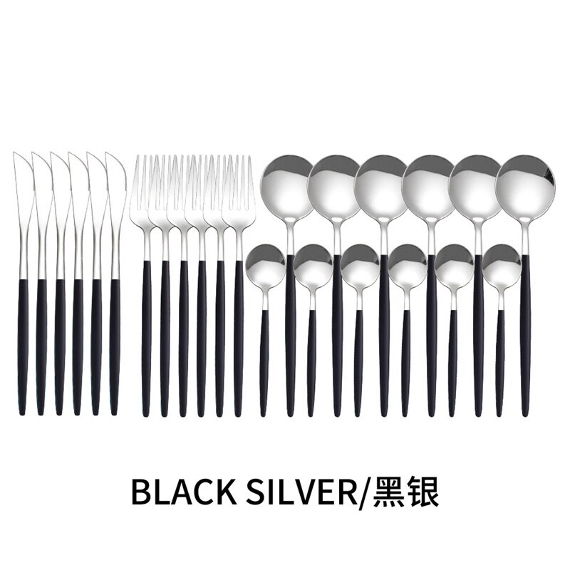 Couverts en acier inoxydable, 24 pièces, service de table, cuillère, couteau, fourchette, couteau, portugais occidental: BlackSliver