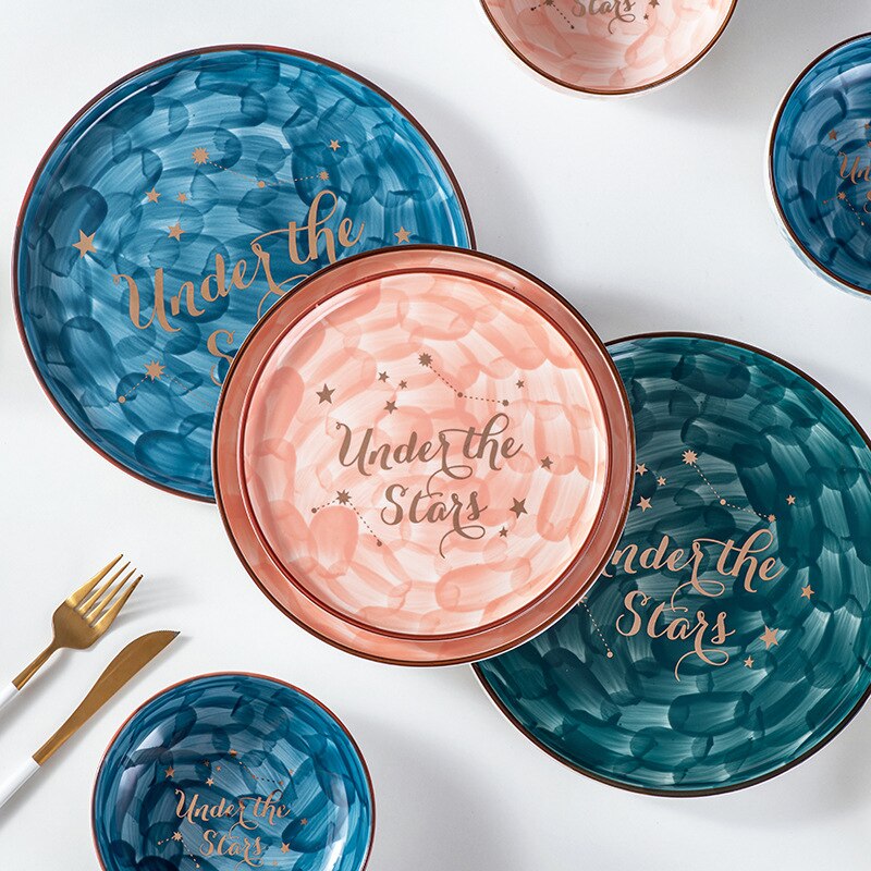 Assiettes de service ciel étoilé série étoiles, plateau de vaisselle en céramique pour Steak Spaghetti plateau rond peu profond, vaisselle de fête